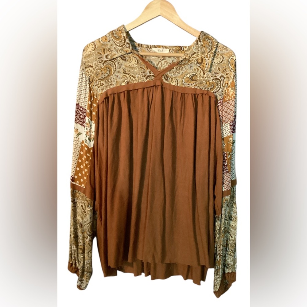 💥Easel Los Angeles Camel Paisley Patchwork Mixed Bubble Sleeve Blouse Sz. 3X💥